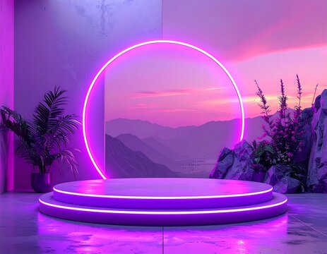 Stage with neon circle, mountains background, purple hues