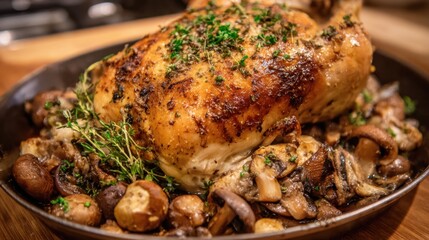 A roasted chicken with herbs and mushrooms on top of a wooden table. The chicken is cooked and ready to be served