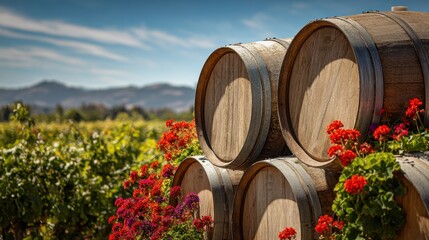 Vineyard with barrel  flowers