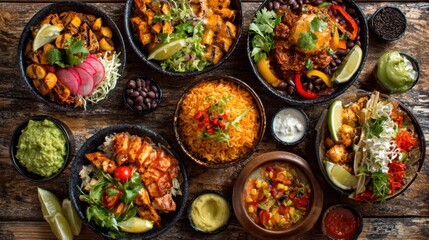 Fototapeta premium A table full of food with a variety of dishes including rice, beans, and vegetables. The table is set for a meal and the food looks delicious
