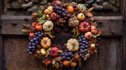 autumn harvest wreath on wooden door