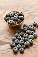 Close-Up of Wild Blueberries in a Copper Bowl on a Wooden Surface
