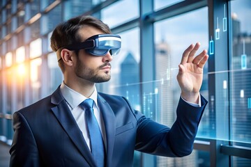 A businessman in a suit and vr goggles interacts with a virtual stock market interface in a modern office with a cityscape view