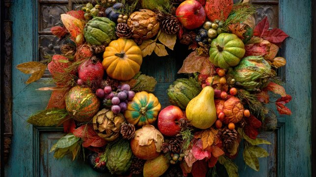 autumn harvest wreath on blue door