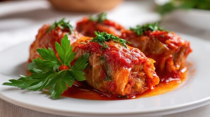 Fototapeta premium Three meatballs with sauce and parsley on a white plate. The sauce is red and the parsley is green