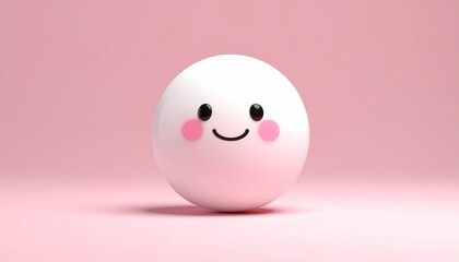 Fototapeta premium Cute round white character with smiling face and pink cheeks on soft pink background