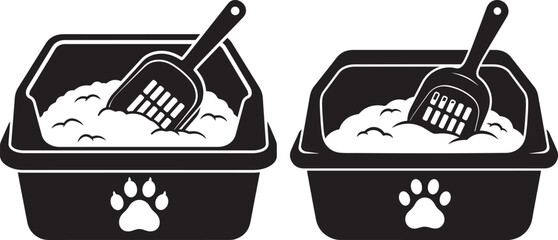 Two litter boxes with scoops and paw prints silhouette