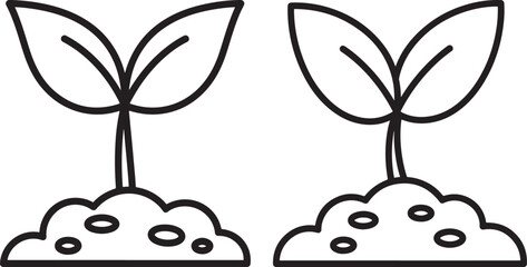 Fototapeta premium Two simple outline drawings of young plants growing from soil silhouette