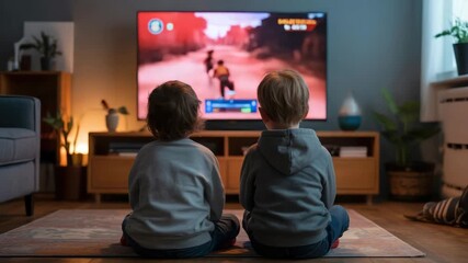 Kids captivated by exciting video game action on TV, enjoying shared entertainment in cozy living room, family time at home, bonding over games - Powered by Adobe