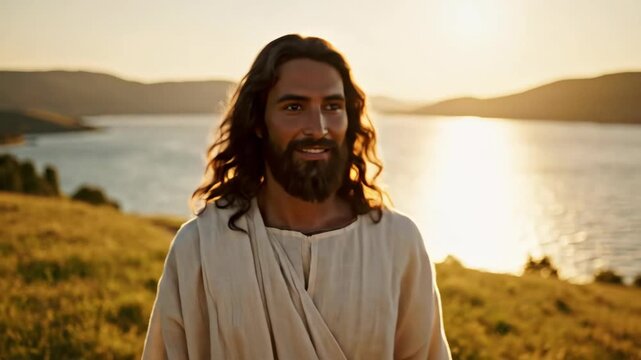 Jesus Christ walking towards the camera with a welcoming smile. The savior on a hillside path by the water at golden hour. Christianity, faith, and hope concept