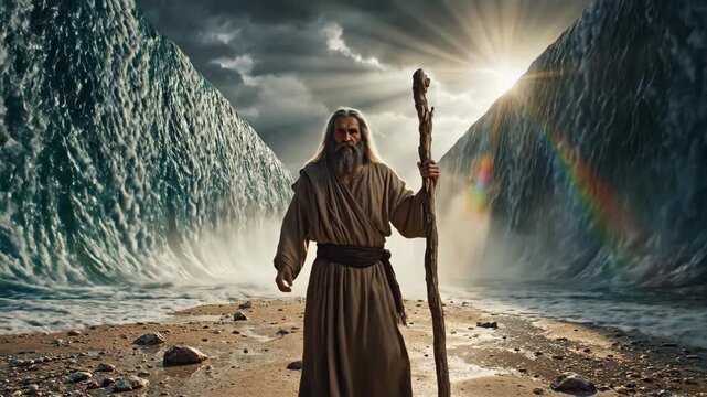 Moses parting the Red Sea in a dramatic biblical scene. The prophet leads the Israelites to freedom in the story of Exodus. A cinematic animation of a divine miracle