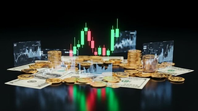 Financial display featuring charts, currency, and coins against a dark backdrop