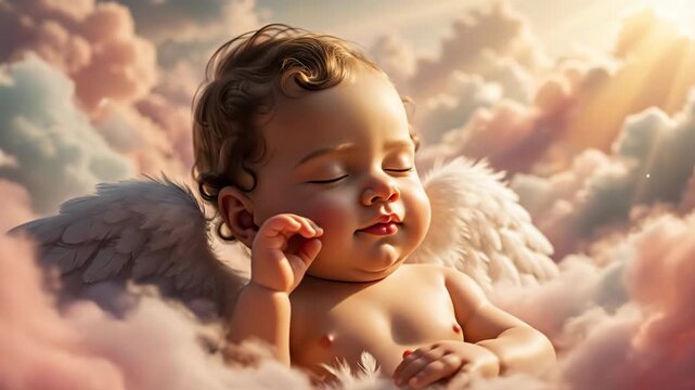 Sleeping baby angel nestled in soft pink clouds. A cute and innocent cherub dreaming in a heavenly light. AI generated animation