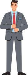 Fototapeta premium Man in grey suit adjusting red tie professional businessman standing vector illustration 