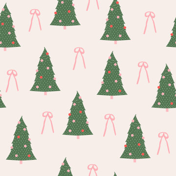 Merry Christmas seamless pattern with tree and pink bows. Holiday print. Vector hand drawn illustration.