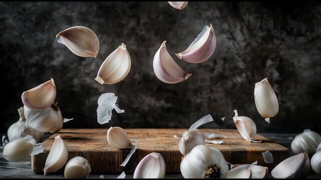 Garlic Cloves in Mid-Air: Dynamic Food Photography of Fresh Garlic Bulbs and Peels Floating Over a Rustic Wooden Cutting Board for Culinary Inspiration