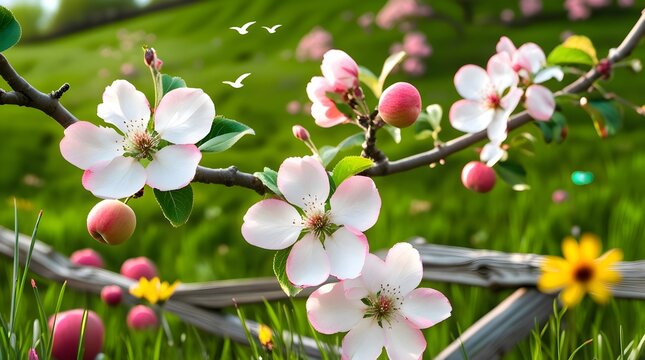 A serene landscape in Germany, featuring delicate branches of a blossoming apple tree, with soft pink and white flowers, against a clear blue sky with puffy white clouds, set amidst a lush green meado