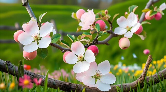 A serene landscape in Germany, featuring delicate branches of a blossoming apple tree, with soft pink and white flowers, against a clear blue sky with puffy white clouds, set amidst a lush green meado