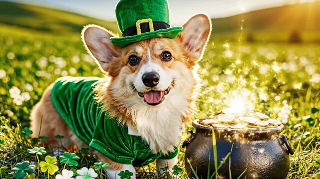 A cute corgi dog in a green leprechaun costume for St. Patrick's Day. Adorable pet standing in a field of shamrocks next to a pot of gold. Funny holiday celebration concept with magical treasure
