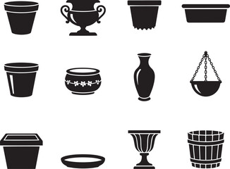 Obraz premium Comprehensive Gardening Pots and Planters Black Vector Icon Set (12 Elements)