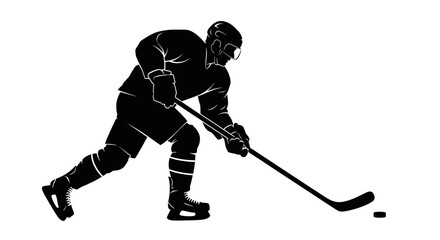 Obraz premium Ice hockey player silhouette in action, black stencil of professional athlete with stick and puck, minimalist sports vector graphic on white background