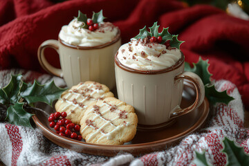 Cozy holiday scene with hot chocolate, cookies, and festive decorations