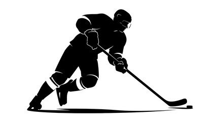 Obraz premium Ice hockey player silhouette in action, professional athlete skating with stick and puck, black and white sports graphic on white background