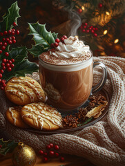 Cozy holiday scene with hot chocolate, cookies, and festive decorations