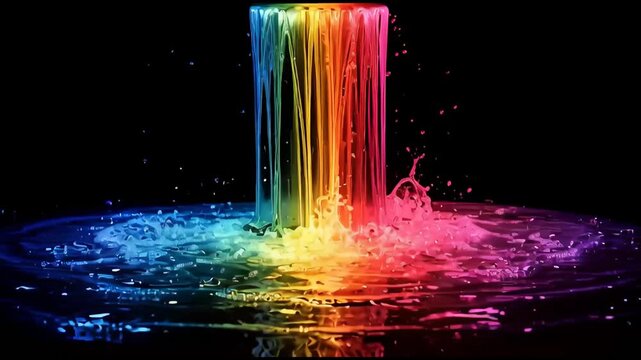 Witness the mesmerizing spectacle of a vibrant rainbow waterfall cascading into shimmering water, creating stunning color splashes and reflections against a dark backdrop for ultimate visual impa