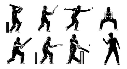 Cricket player silhouette in various action poses
