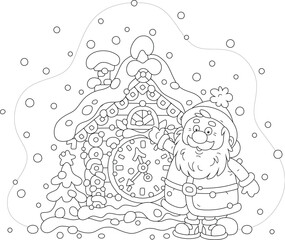 Festively decorated cartoony cuckoo-clock covered with snow and Santa Claus waving in greeting on a snowy winter day, black and white vector cartoon illustration for a coloring book