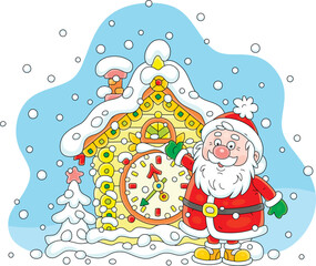 Festively decorated cartoony cuckoo-clock covered with snow and Santa Claus waving in greeting on a snowy winter day, vector cartoon illustration on a white background