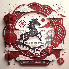 Fototapeta premium Layered Jianzhi Horse Silhouette and Fu Characters for Year of the Horse