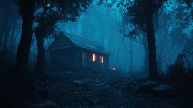 lonely cabin glowing in foggy forest, - Powered by Adobe
