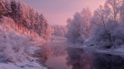 snowy river at pink winter dawn,