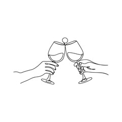 Minimal One Line Drawing of Hands Toasting Wine Glasses | Continuous Line Art Celebration Illustration