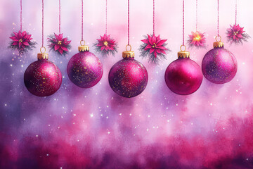 Obraz premium Elegant Christmas ornaments with poinsettias and sparkling glitter against a purple background