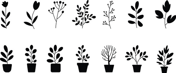 Black plant silhouettes, botanical sprigs and potted foliage, floral vector icons, minimalist nature design, indoor greenery, decorative illustration