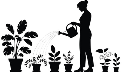 Silhouette person watering plants, black and white illustration, nurturing growth, potted foliage care, gardening concept, environmental education, nature design