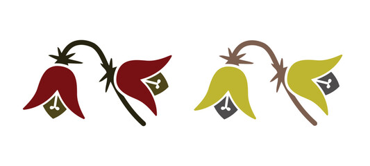 Set of graceful, stylized hanging bell flowers in deep red maroon and olive green yellow, arranged as decorative elements or borders, perfect for vintage, botanical, or corner designs.