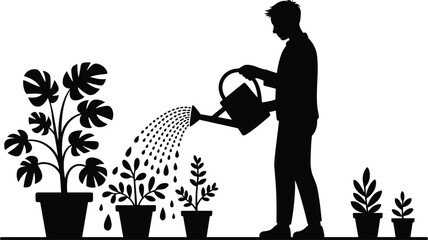 Silhouette person watering plants, black and white illustration, nurturing growth, indoor foliage care, gardening concept, environmental awareness design