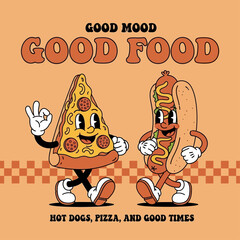 Cheerful walking pizza slice and hot dog mascot in a vintage 1930s cartoon illustration style