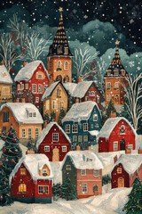 Watercolor painting of a charming snow-covered village at Christmas time
