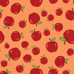 A vibrant seamless pattern of scattered red apples with green leaves, a charming and simple fruit vector illustration on a warm orange background