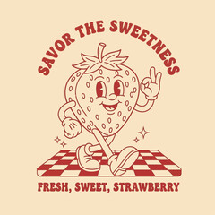 A happy walking strawberry character in a vintage 1930s cartoon style, making an OK gesture on a checkered floor