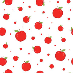 A vibrant and seamless pattern of cute red apples scattered on a white background. This fresh fruit illustration is a perfect healthy food design element