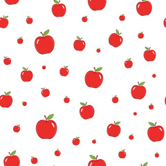 A vibrant repeating pattern of delicious cartoon red apples with green leaves scattered on a clean white background