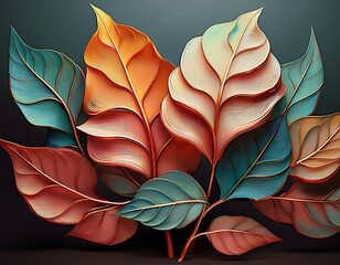 Elegant Gradient Leaves: A Symphony of Texture and Color, a stunning nature still life botanical illustration.