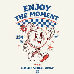 Funny walking bomb character in a vintage rubber hose cartoon style. Nostalgic mascot graphic with a positive and ironic message