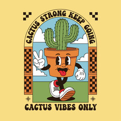 A cheerful walking cactus character in a vintage cartoon style, spreading positive vibes with a peace sign and a funny expression